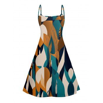 Bicolor Geometric Print V Neck High Waist Spaghetti Strap Dress Sleeveless Summer A Line Cami Dress