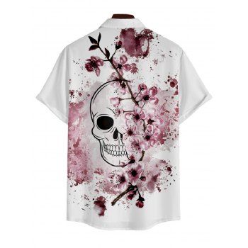 Men's Skull Plum Blossom Print Roll Up Sleeve Shirt Button Up Short Sleeve Casual Gentleman Shirt