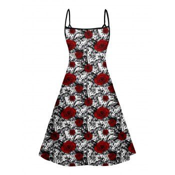 Allover Rose Print V Neck High Waist Spaghetti Strap Dress Sleeveless Summer A Line Cami Dress