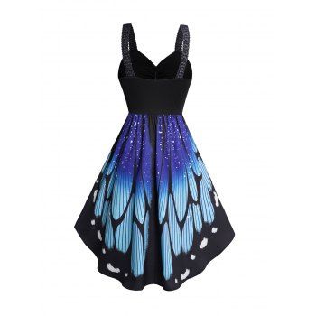 Butterfly Wings Print V Neck Lace Up Dress Ruched Bust Sleeveless Tank Dress 