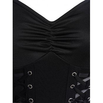 Butterfly Wings Print V Neck Lace Up Dress Ruched Bust Sleeveless Tank Dress 