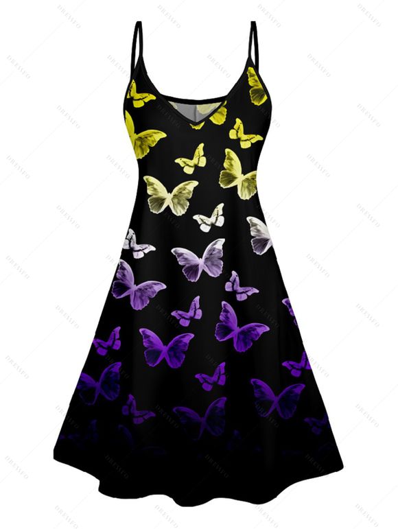 Robe D'Eté Ligne A Papillon Imprimé à Taille Haute sans Manches à Bretelle Fine - Noir M | US 6