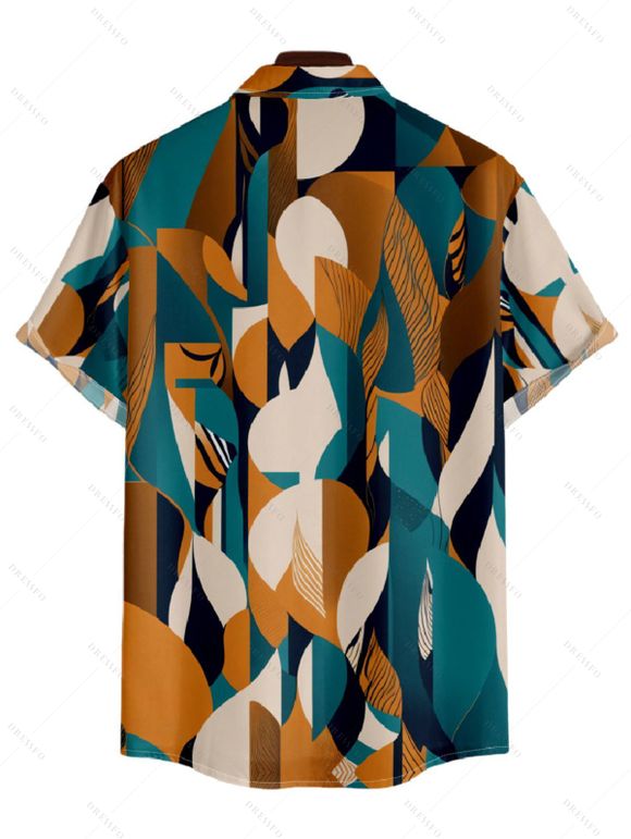 Chemise Décontractée Boutonnée Bicolore Géométrique Imprimé à Manches Courtes - café L