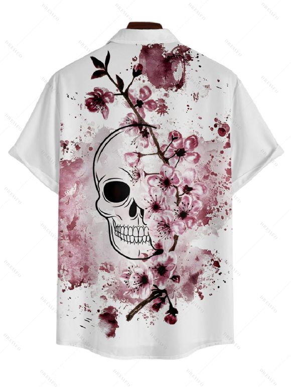 Chemise Décontractée Fleur de Prunier Imprimée Boutonnée à Manches Courtes - Blanc S