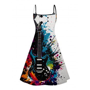 Musical Guitar Print V Neck Spaghetti Strap Dress and Roll Up Sleeve Shirt Outfit