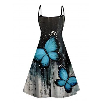 Butterfly Print V Neck High Waist Spaghetti Strap Dress and Roll Up Sleeve Shirt Outfit