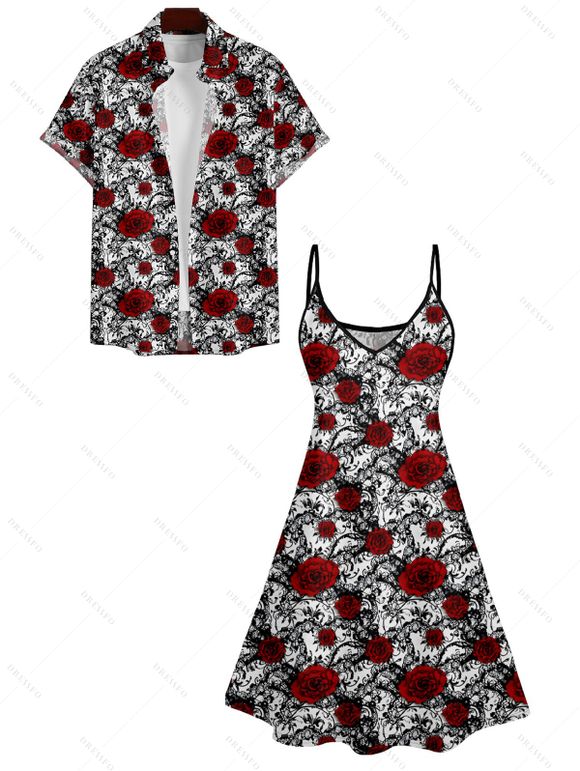 Robe Rose en Tissu Imprimé Taille Haute Manches Roulées à Col V et Robe Chemise - Rouge S | US 4