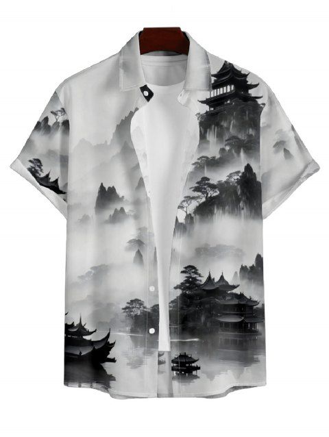 Chemise Décontractée Peinture D'Encre Oriental Imprimée à Manches Courtes pour Homme