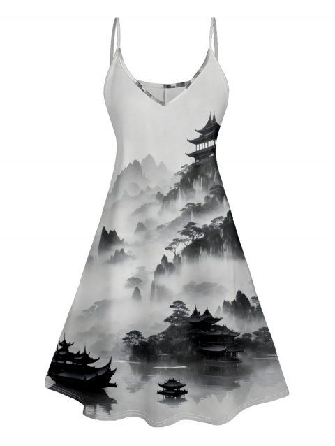 Robe D'Eté Ligne A à Bretelle Fine Peinture D'Encre et sans Manches à Taille Haute