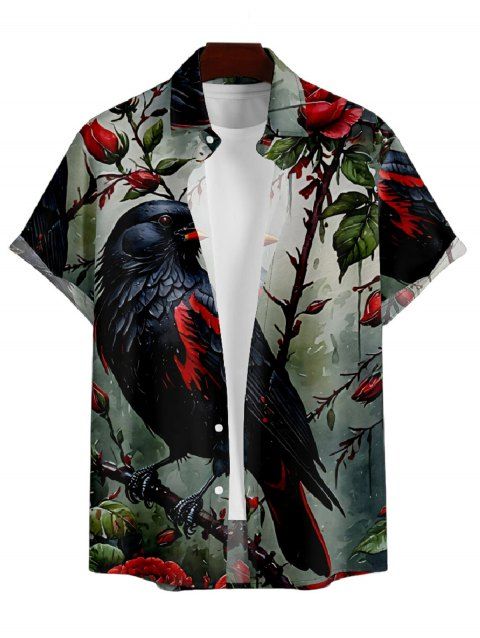 Chemise Décontractée Oiseau Imprimé Boutonnée à Manches Courtes pour Homme