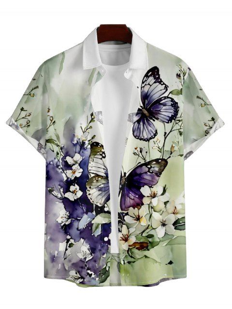 Chemise Décontractée Manches Courtes à Imprimé Papillons et Fleurs avec Boutons pour Hommes