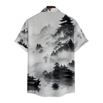 Men's Ink Painting Oriental Print Roll Up Sleeve Shirt Button Up Short Sleeve Casual Shirt