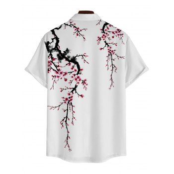 Men's Plum Blossom Oriental Print Roll Up Sleeve Shirt Button Up Short Sleeve Casual Shirt