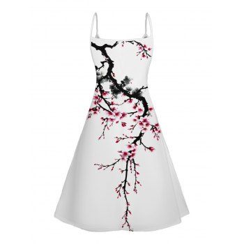 Plum Blossom Print V Neck High Waist Spaghetti Strap Dress Sleeveless Summer A Line Cami Dress
