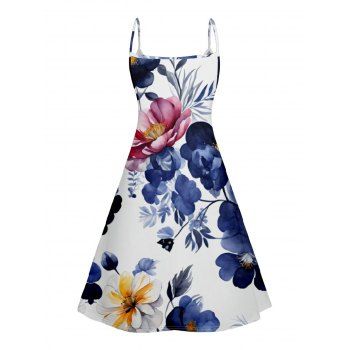 Floral Print V Neck High Waist Spaghetti Strap Dress Sleeveless Summer A Line Cami Dress