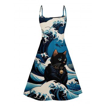 Cat Print V Neck High Waist Spaghetti Strap Dress Sleeveless Summer A Line Cami Dress