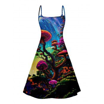 Colorful Mushroom Print V Neck High Waist Spaghetti Strap Dress Sleeveless Summer A Line Cami Dress