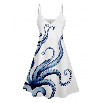 Robe D'Eté Ligne A à Bretelle Fine Pieuvre Imprimée à Taille Haute sans Manches