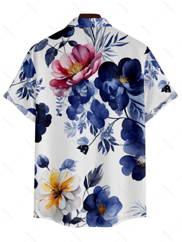 Chemise Décontractée Fleurie Imprimée Boutonnée à Manches Roulées pour Homme - Bleu profond 3XL