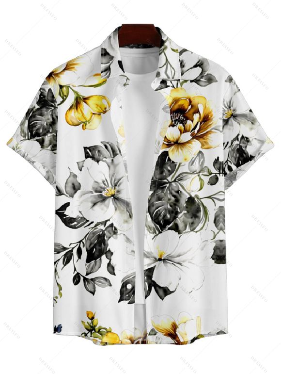 Chemise Décontractée Fleurie Imprimée Boutonnée à Manches Roulées pour Homme - Blanc 5XL