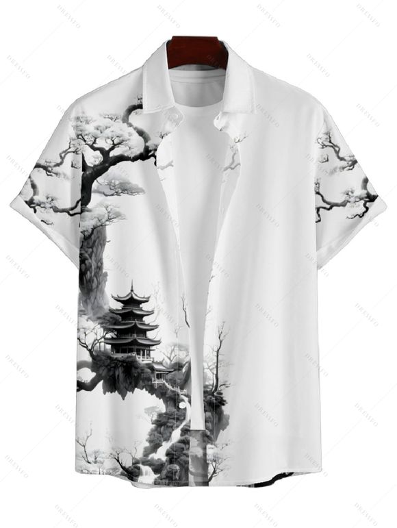 Chemise Décontractée Peinture D'Encre Oriental Imprimée à Manches Courtes pour Homme - Blanc M