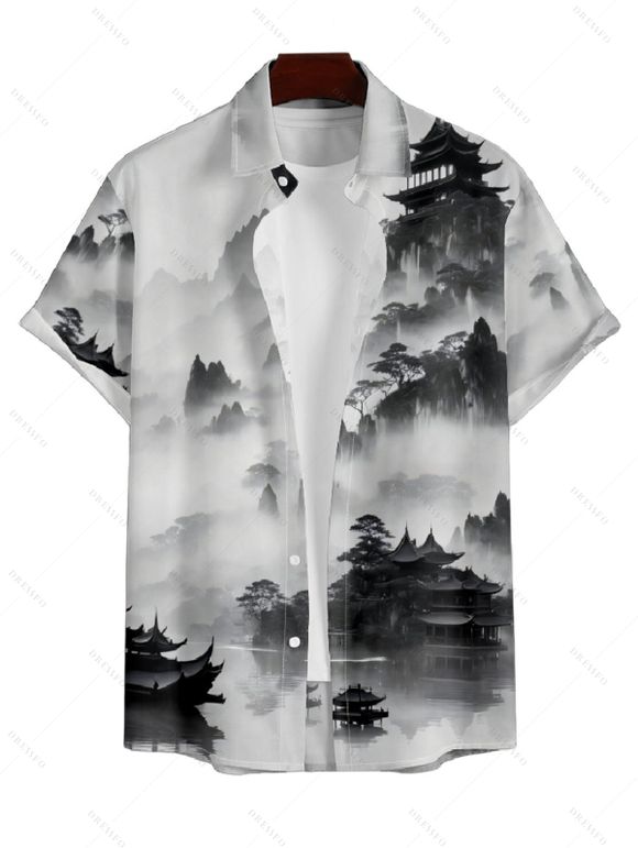 Chemise Décontractée Peinture D'Encre Oriental Imprimée à Manches Courtes pour Homme - Noir 5XL