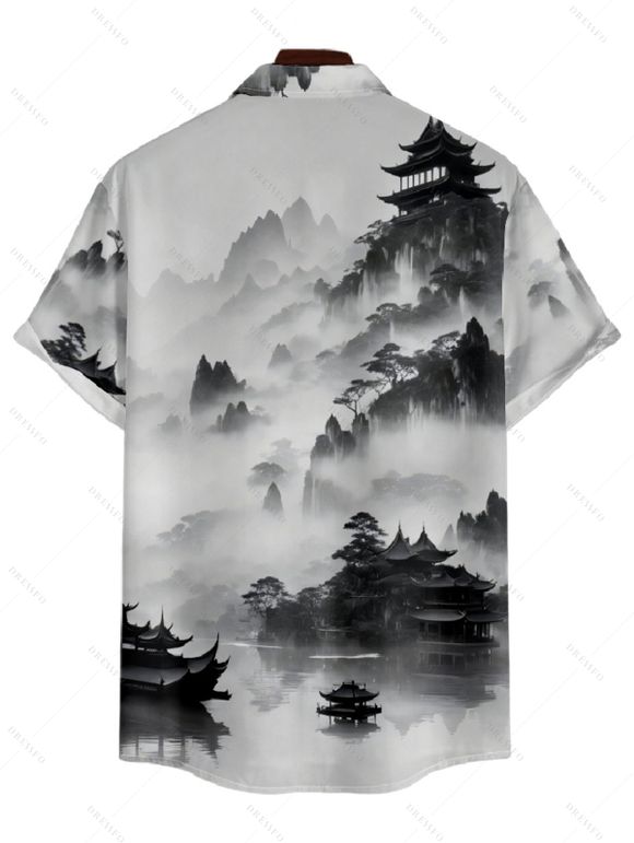 Chemise Décontractée Peinture D'Encre Oriental Imprimée à Manches Courtes pour Homme - Noir 3XL