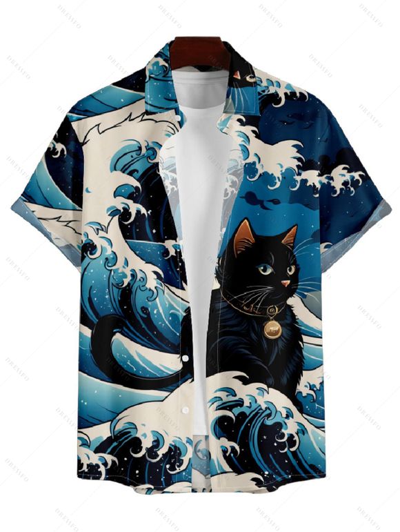 Chemise Décontractée Boutonnée Chat Imprimé à Manches Courtes - multicolor A XL