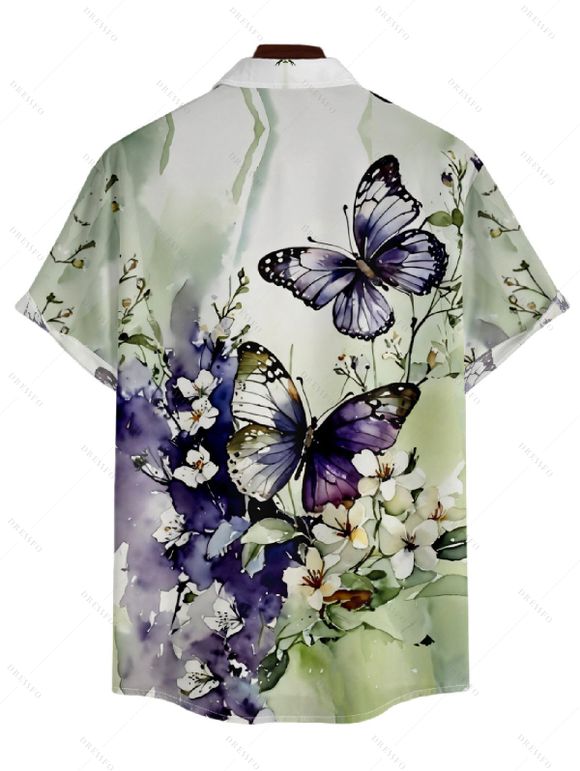 Chemise Décontractée Manches Courtes à Imprimé Papillons et Fleurs avec Boutons pour Hommes - Vert clair XL