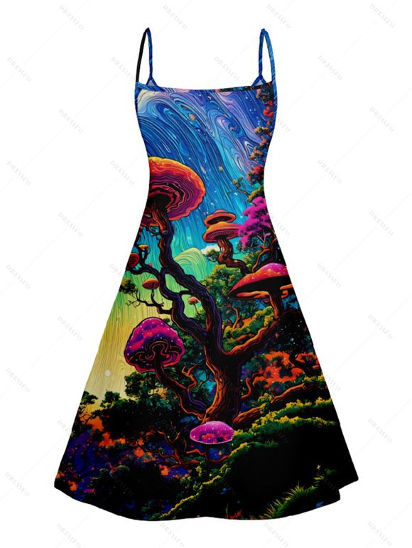 Robe D'Eté Ligne A Champignon Imprimé à Bretelle Fine à Taille Haute sans Manches - multicolor A XXL | US 14