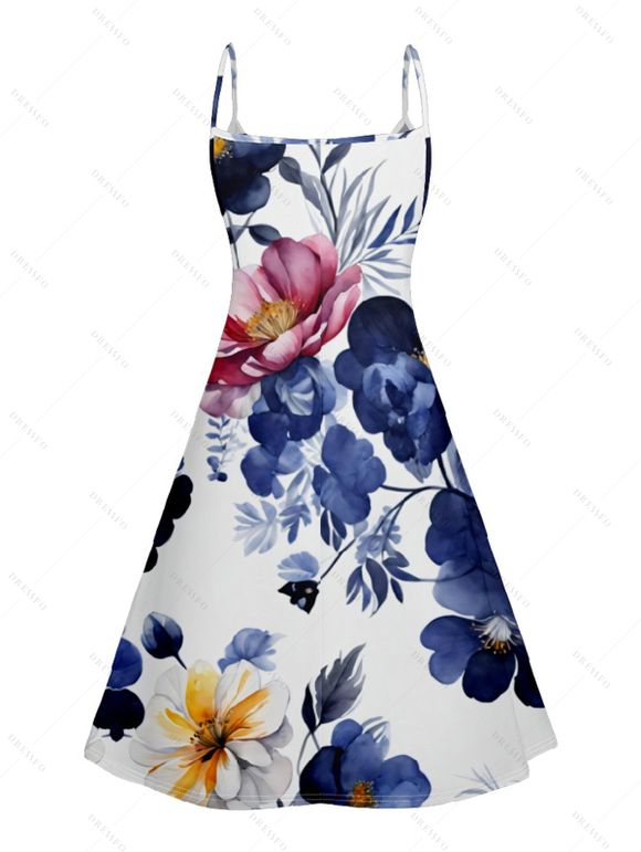 Robe D'Eté Ligne A à Bretelle Fine Fleurie Imprimée à Taille Haute sans Manches - Bleu profond S | US 4