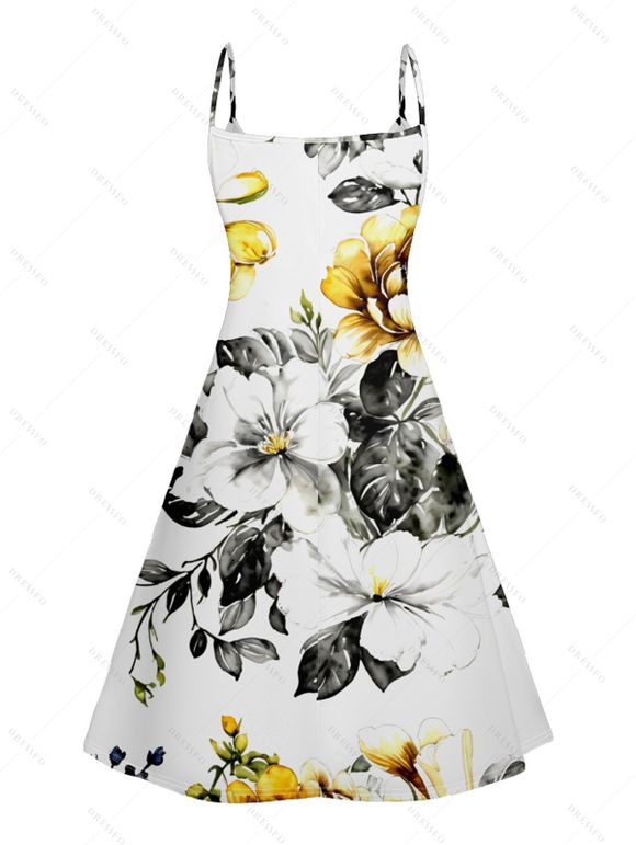 Robe D'Eté Ligne A à Bretelle Fine Fleurie Imprimée à Taille Haute sans Manches - Blanc L | US 8-10