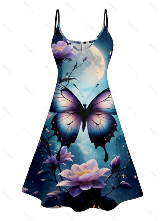 Robe D'Eté Ligne A Fleurie Papillon Imprimé à Taille Haute sans Manches à Bretelle Fine - Bleu profond L | US 8-10