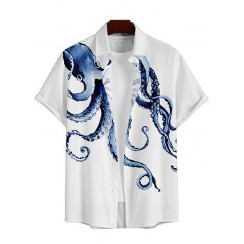 Octopus Print V Neck High Waist Spaghetti Strap Dress and Roll Up Sleeve Shirt Outfit 