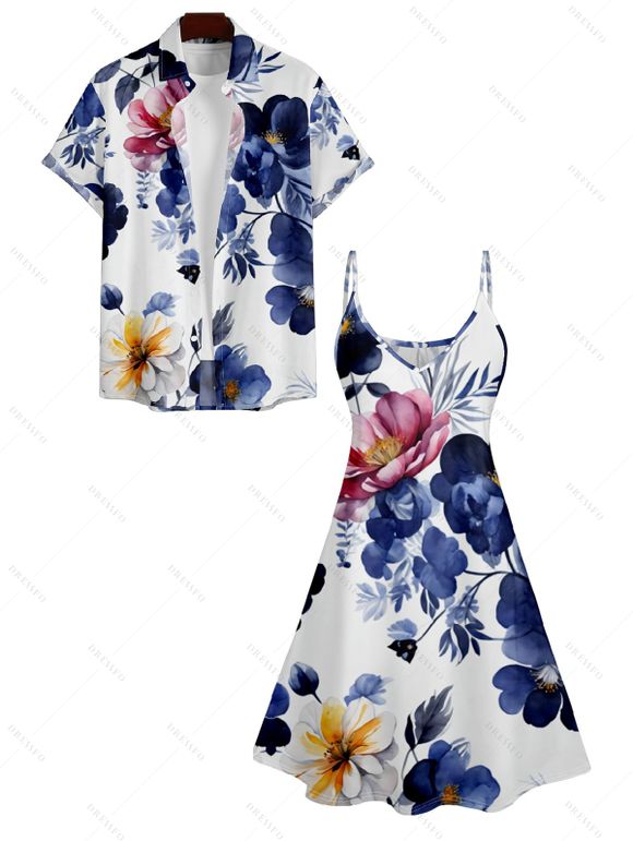 Robe Plissée Fleur Imprimée à Bretelle Fine et Manches Roulées - Bleu profond S | US 4