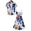 Robe Plissée Fleur Imprimée à Bretelle Fine et Manches Roulées - Bleu profond S | US 4