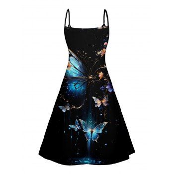 Galaxy Butterfly Print V Neck High Waist Spaghetti Strap Dress Sleeveless Summer A Line Cami Dress