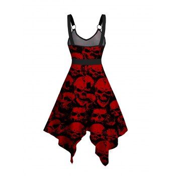 Allover Skull Print V Neck High Waist Tank Dress O Ring Sleeveless Handkerchief Dress