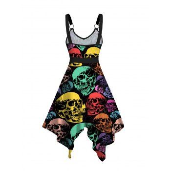 Allover Skull Print V Neck High Waist Tank Dress O Ring Sleeveless Handkerchief Dress