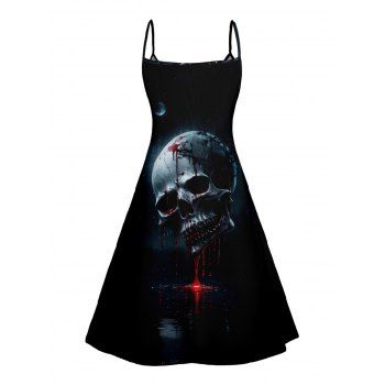 Bleeding Skull Print V Neck Spaghetti Strap Dress High Waist Sleeveless Summer A Line Cami Dress