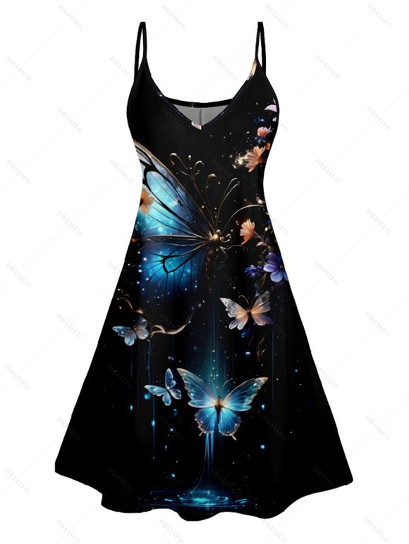 Robe D'Eté Ligne A Papillon Galaxie Imprimés à Taille Haute sans Manches à Bretelle Fine - Noir XXL | US 14