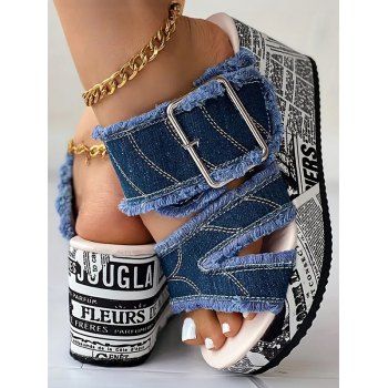 Denim Comfortable Peep Toe Buckle Decor Slip On Newspaper Wedges Heel Sandals