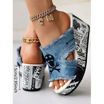 Denim Comfortable Peep Toe Slip On Newspaper Wedges Heel Sandals