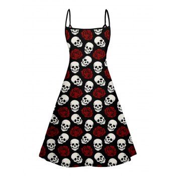 Rose Skull Print V Neck Spaghetti Strap Dress and Roll Up Sleeve Shirt Outfit