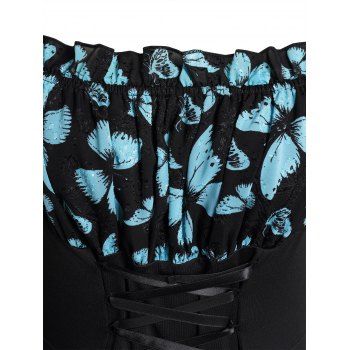 Butterfly Print Chiffon Patchwork Lace Up Ruffle Neck Dress Puff Sleeve Summer Casual Dress 