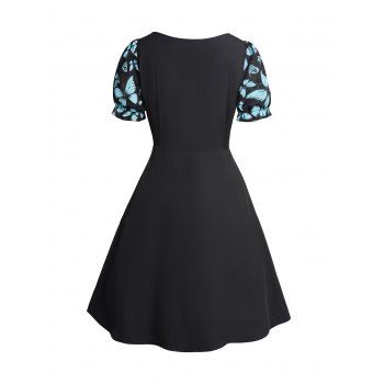 Butterfly Print Chiffon Patchwork Lace Up Ruffle Neck Dress Puff Sleeve Summer Casual Dress 