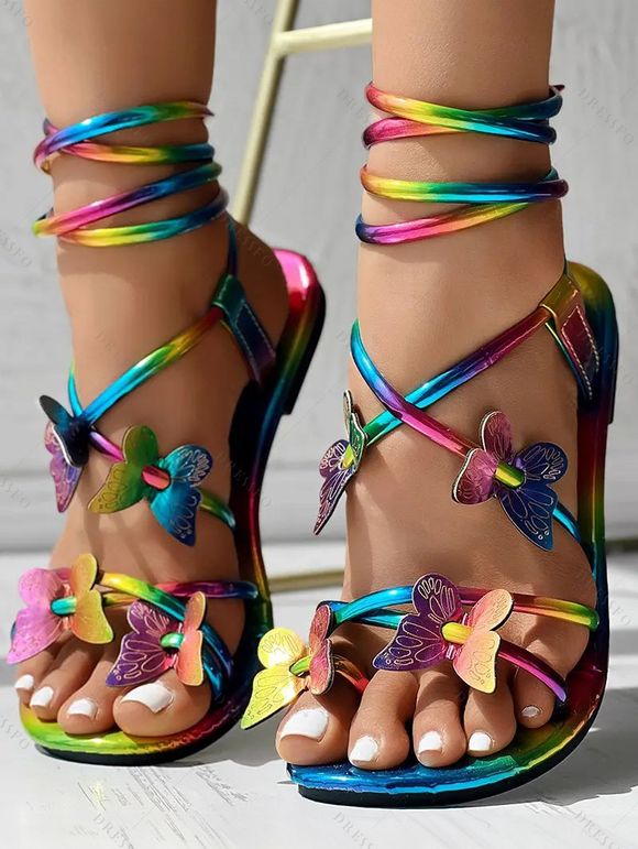 Colorful Butterfly Decor Bandage Flat Casual Sandals - multicolor A EU 42