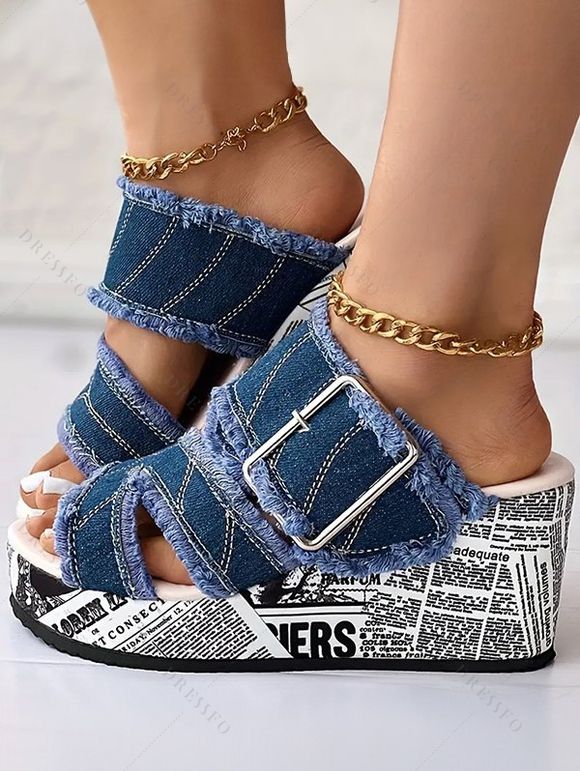 Denim Comfortable Peep Toe Buckle Decor Slip On Newspaper Wedges Heel Sandals - Bleu EU 42
