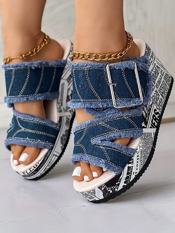 Denim Comfortable Peep Toe Buckle Decor Slip On Newspaper Wedges Heel Sandals - Bleu EU 42
