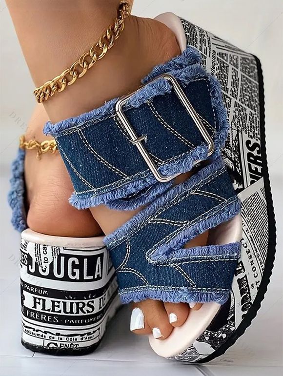 Denim Comfortable Peep Toe Buckle Decor Slip On Newspaper Wedges Heel Sandals - Bleu EU 42